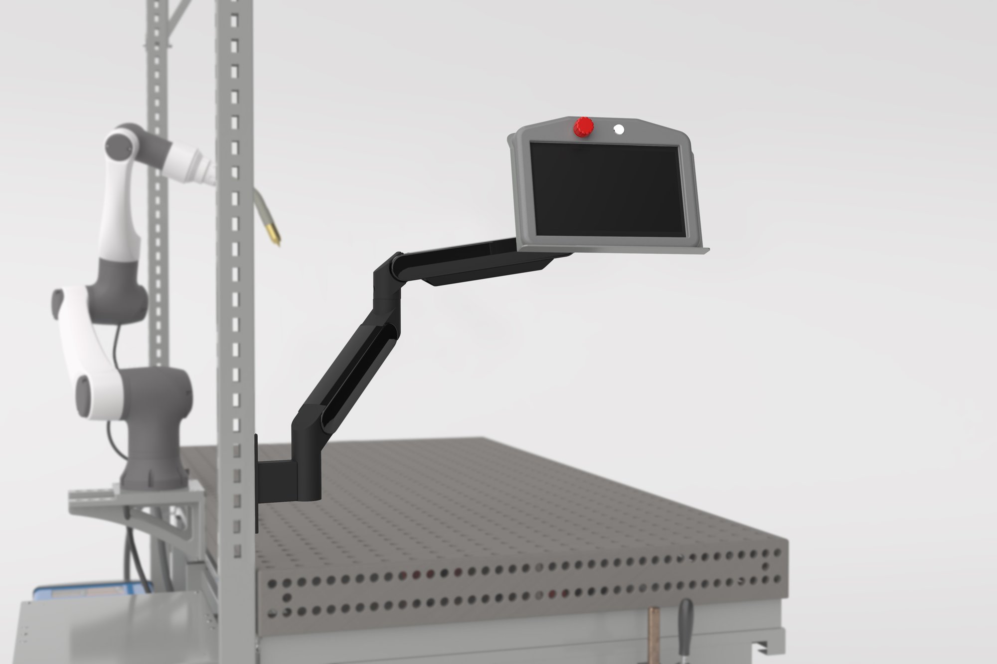 White Sweep_2mx1m Weld Workstation_Grey_Closeup_Monitor Arm
