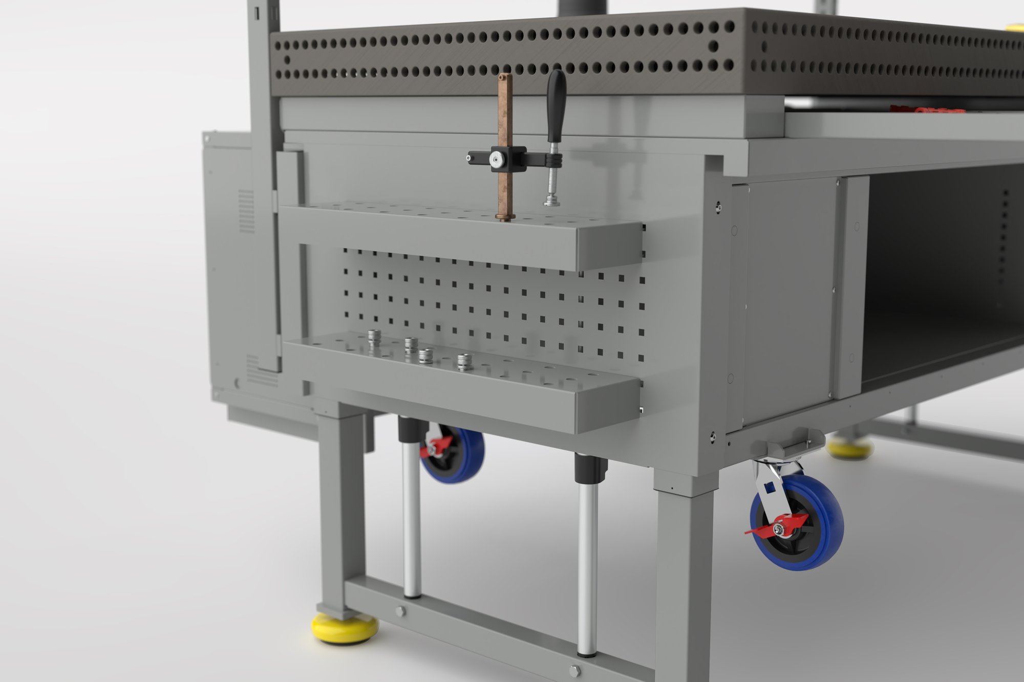 White Sweep_2mx1m Weld Workstation_Grey_Closeup_Shelves